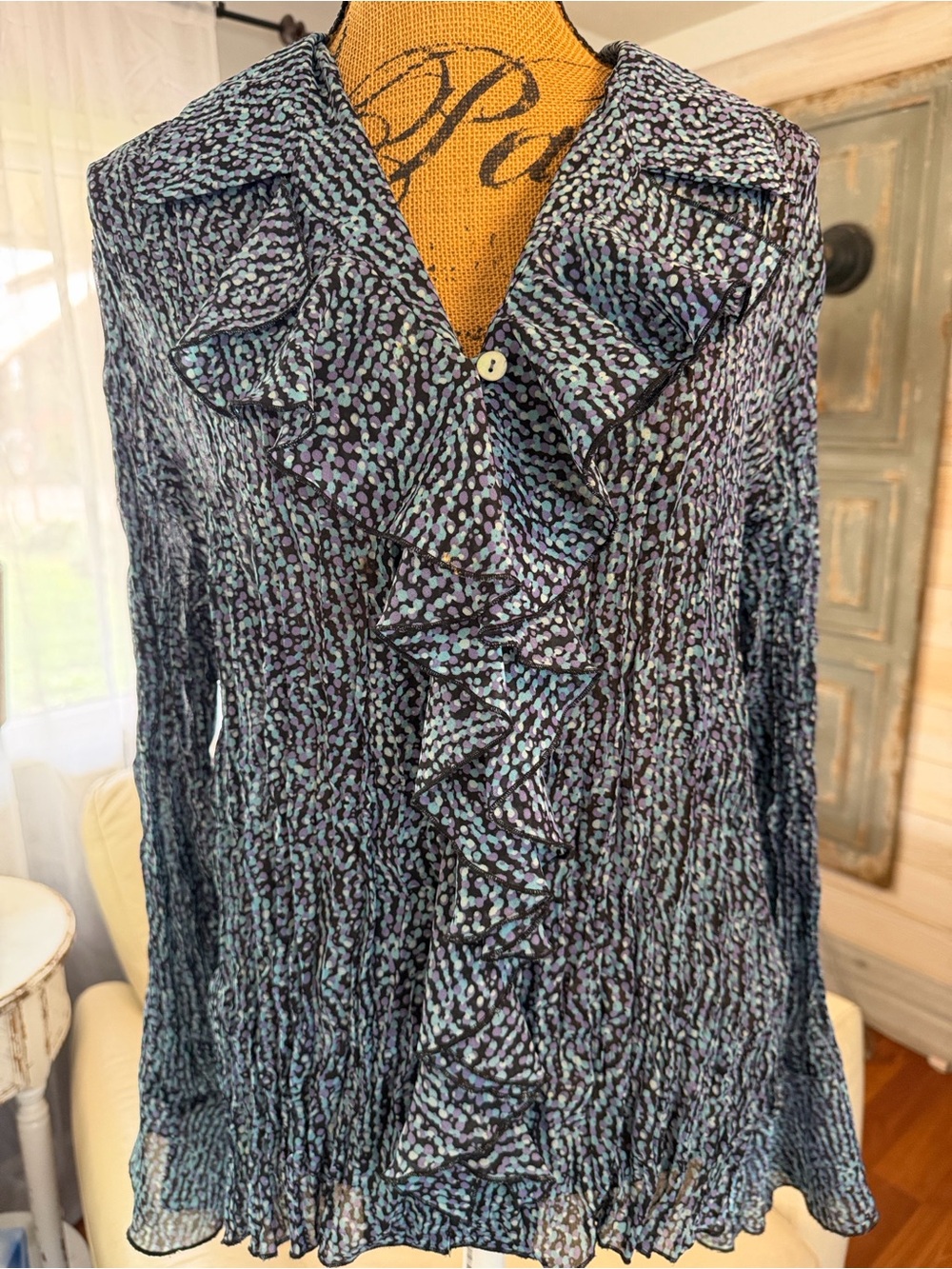 Style & Co. Blue and Black Ruffled V-Neck Blouse